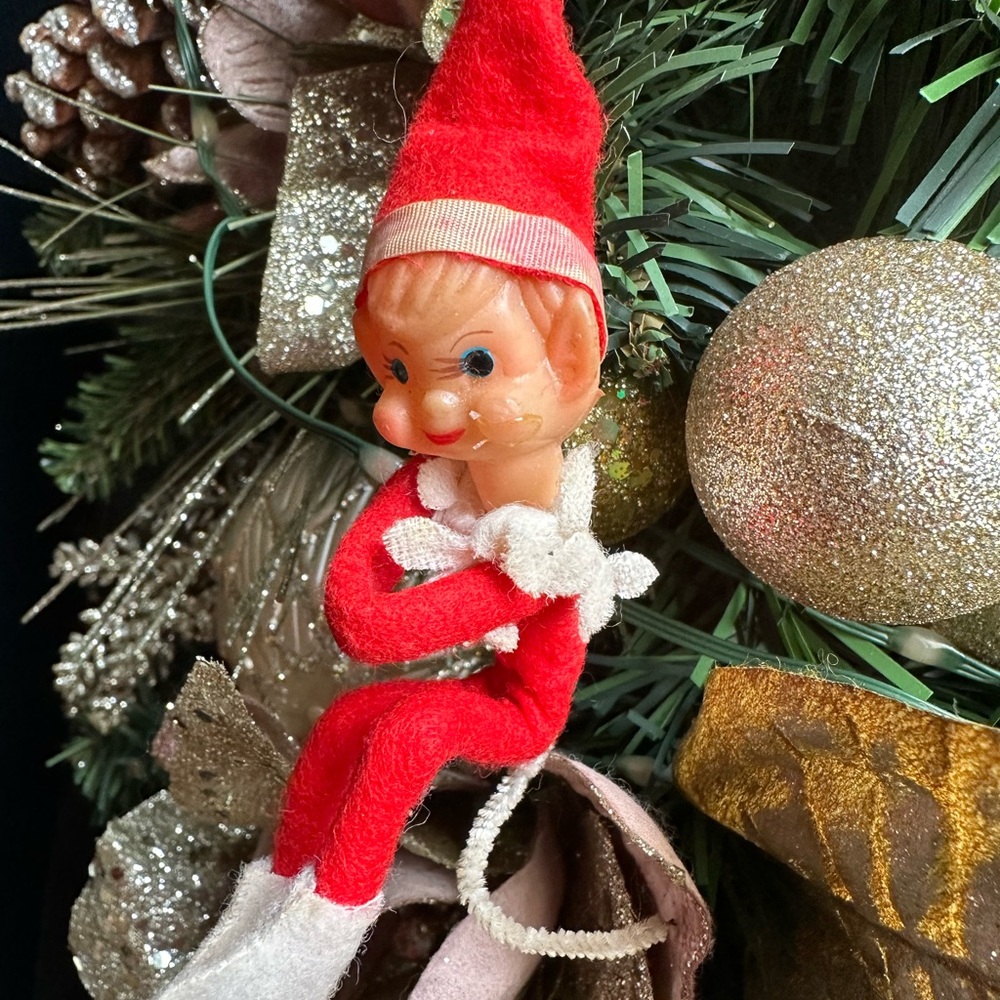 Vintage Felt Rubber Face Pixie Elf
Knee Hugger Girl 1950’s Ornament